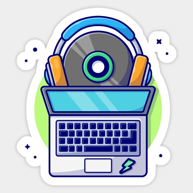 Laptop with Vinyl and Headphones Cartoon Vector Icon Illustration Sticker by Catalyst Labs